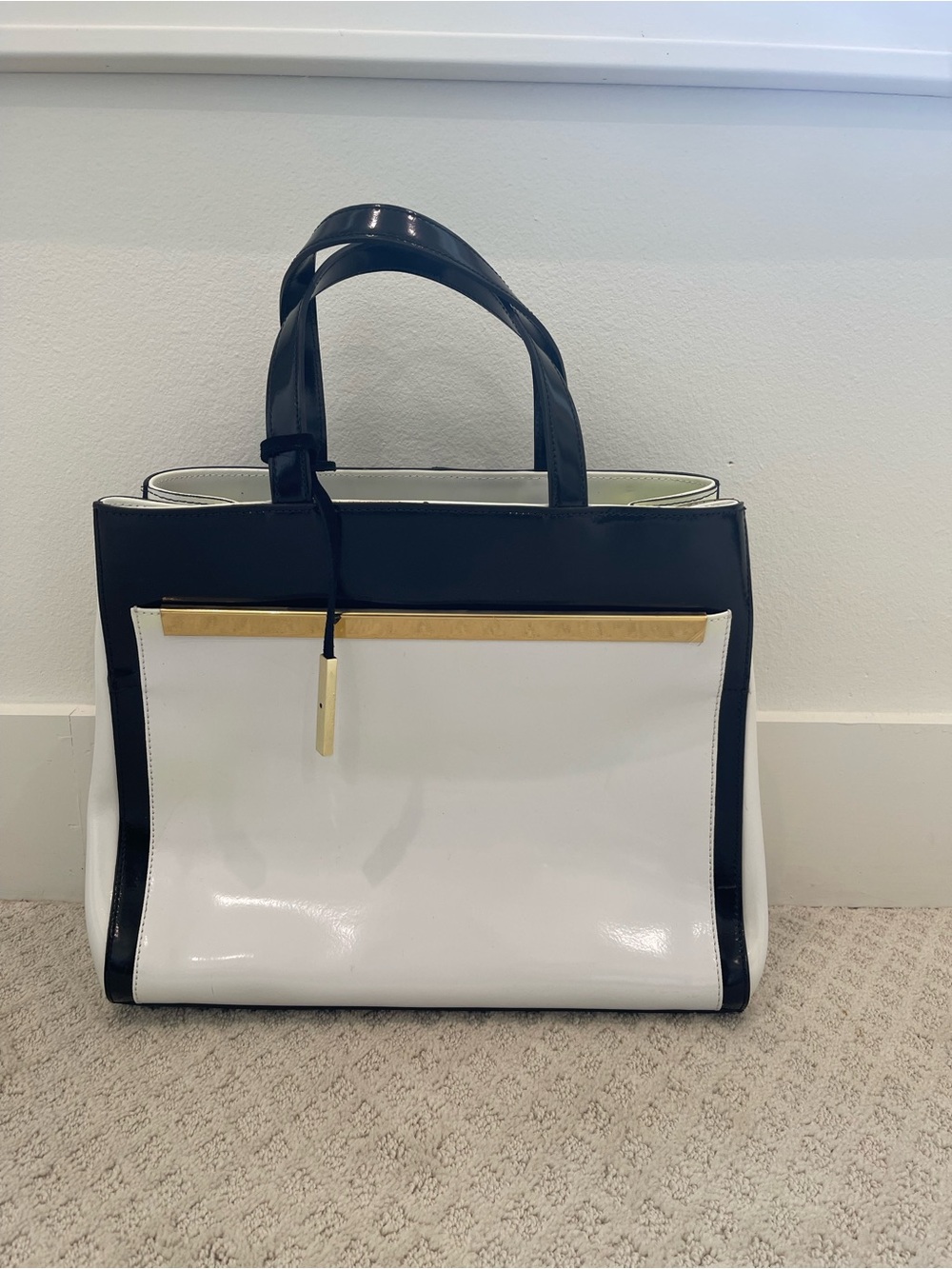 Black and White Patent Tote with Gold Trim